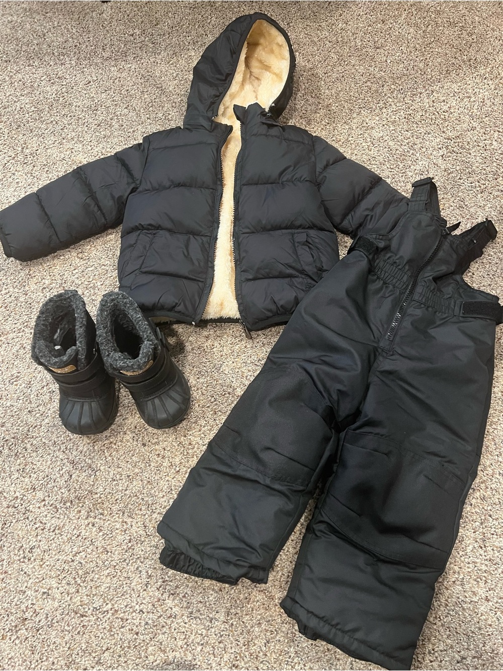 Kids Black Puffer Jacket and Snow Pants Set with Boots